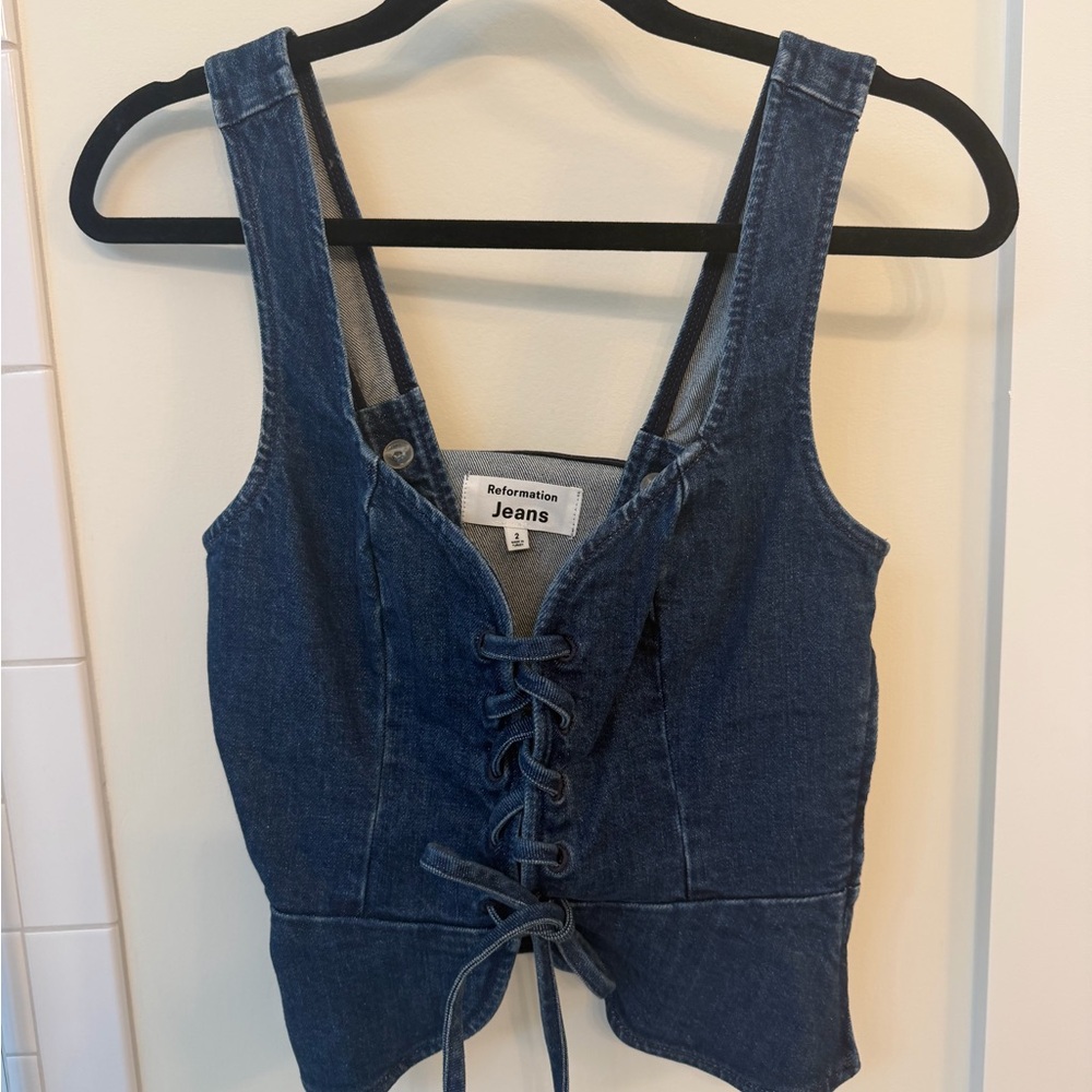 Reformation Fina Denim Lace-Up Top in Dark Blue Denim